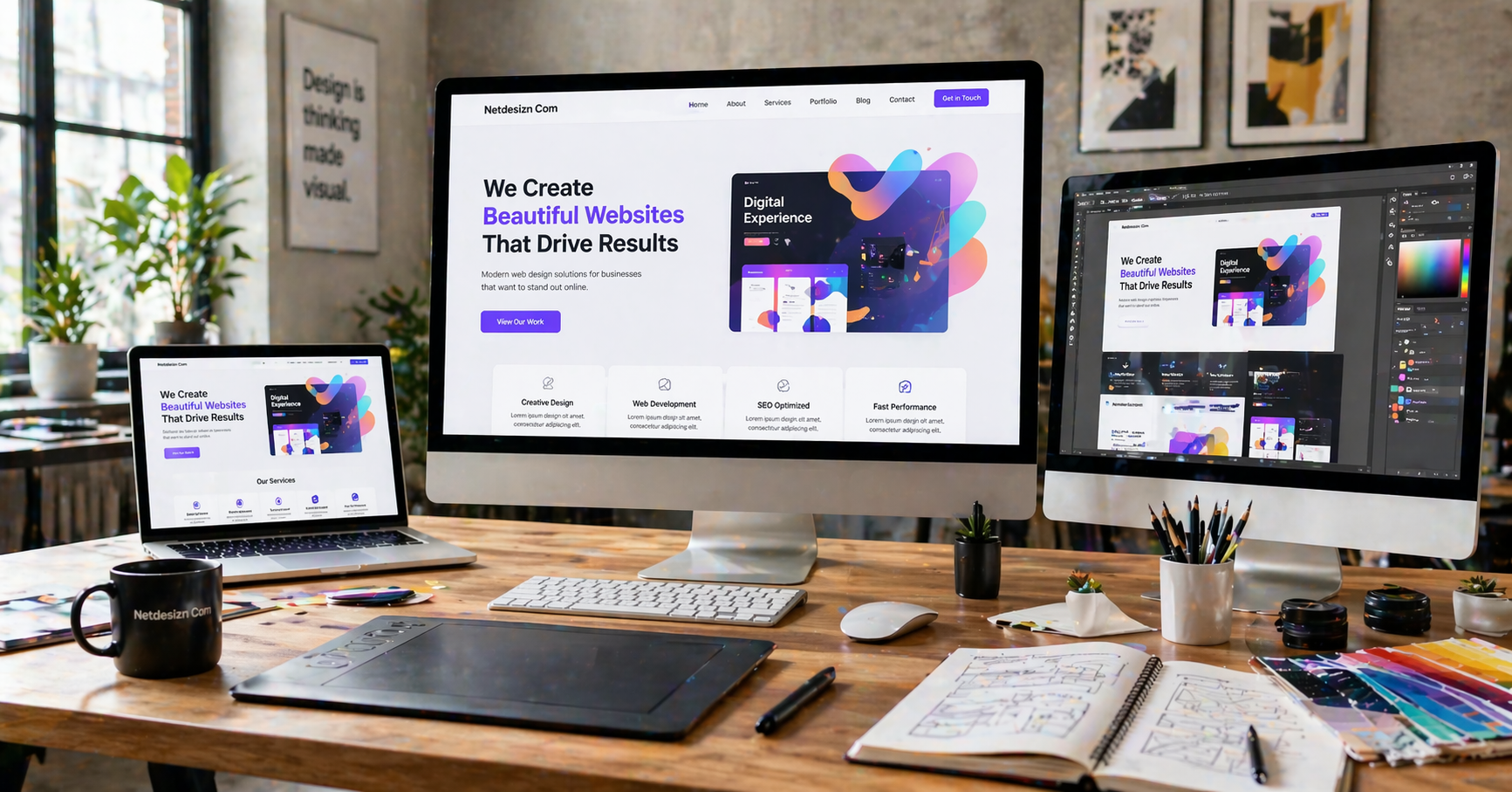 Professional digital design workspace showcasing netdesizn com design interface and web development tools
