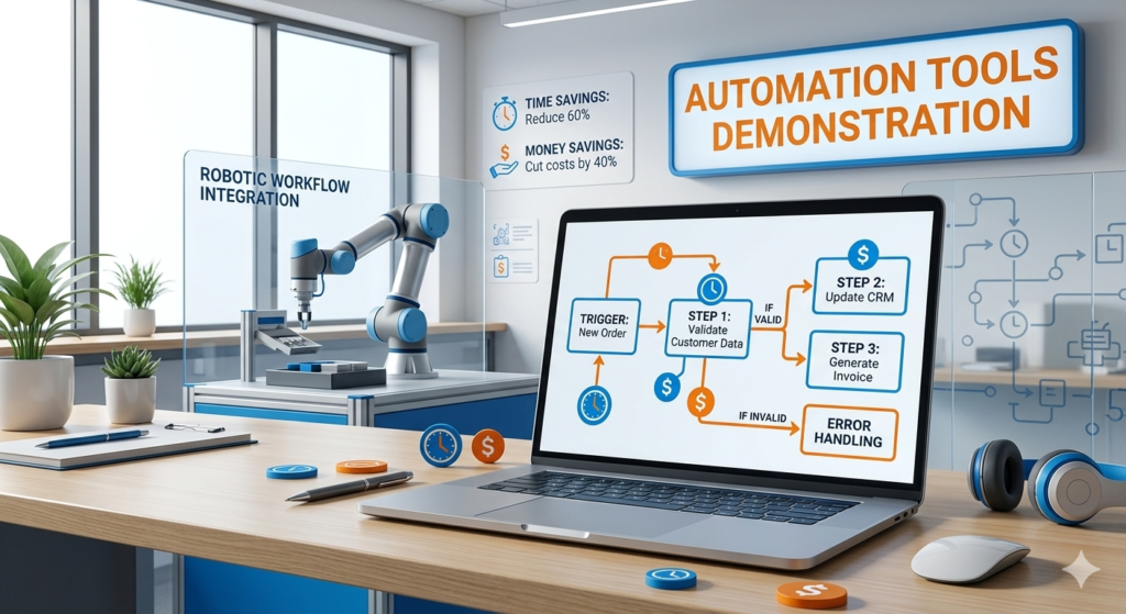 Automation tools demonstration showing how automation can save time and money in business workflows