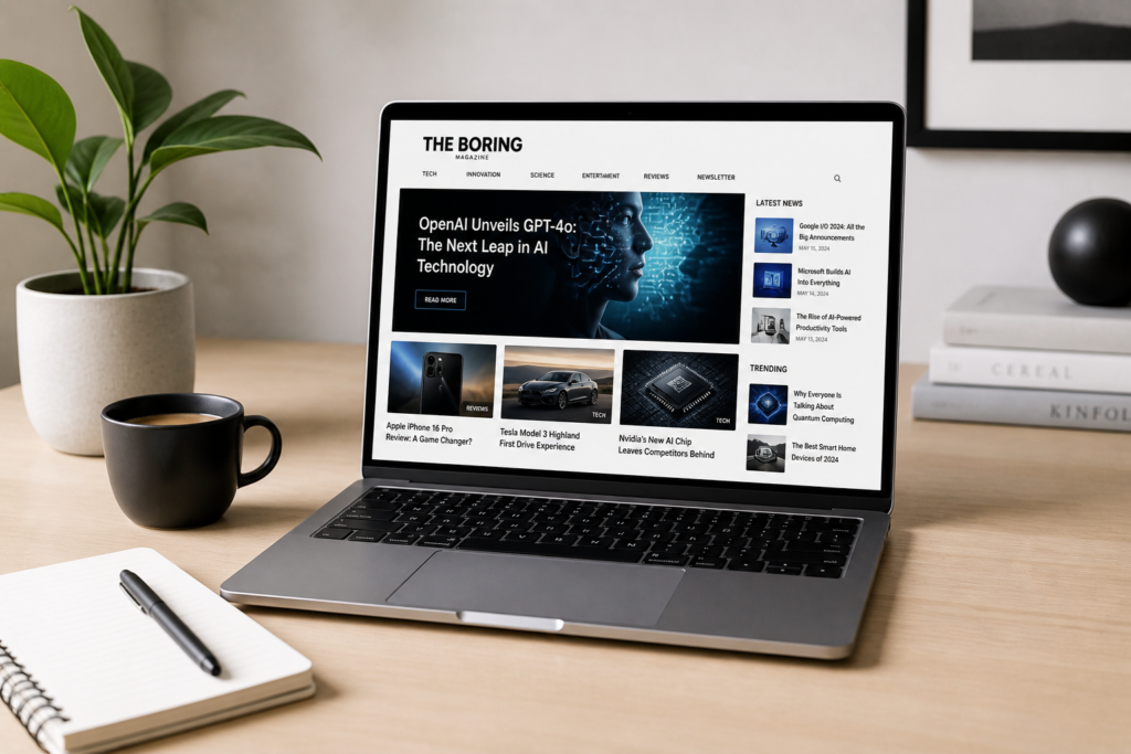 Clean workspace displaying tech theboringmagazine content on laptop screen with minimal desk setup